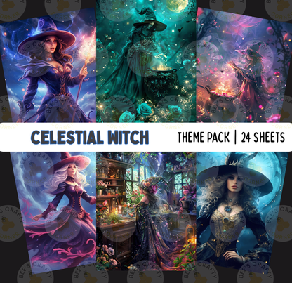 The image is a theme pack containing 24 sheets of artwork, each depicting a different celestial witch. The artwork showcases various styles and moods, including fantastical and whimsical representations of the magical creatures and their enchanting environments.