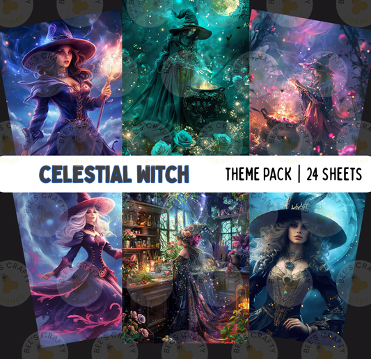 The image is a theme pack containing 24 sheets of artwork, each depicting a different celestial witch. The artwork showcases various styles and moods, including fantastical and whimsical representations of the magical creatures and their enchanting environments.