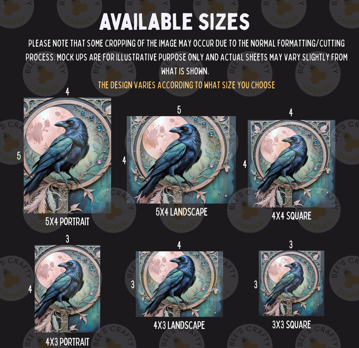 six different sizes of illustrations of a black crow, each depicting the bird in a unique style and format.