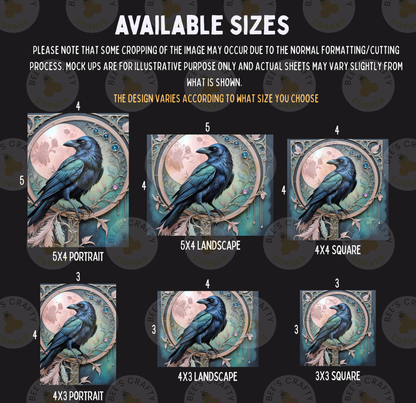 six different sizes of illustrations of a black crow, each depicting the bird in a unique style and format.