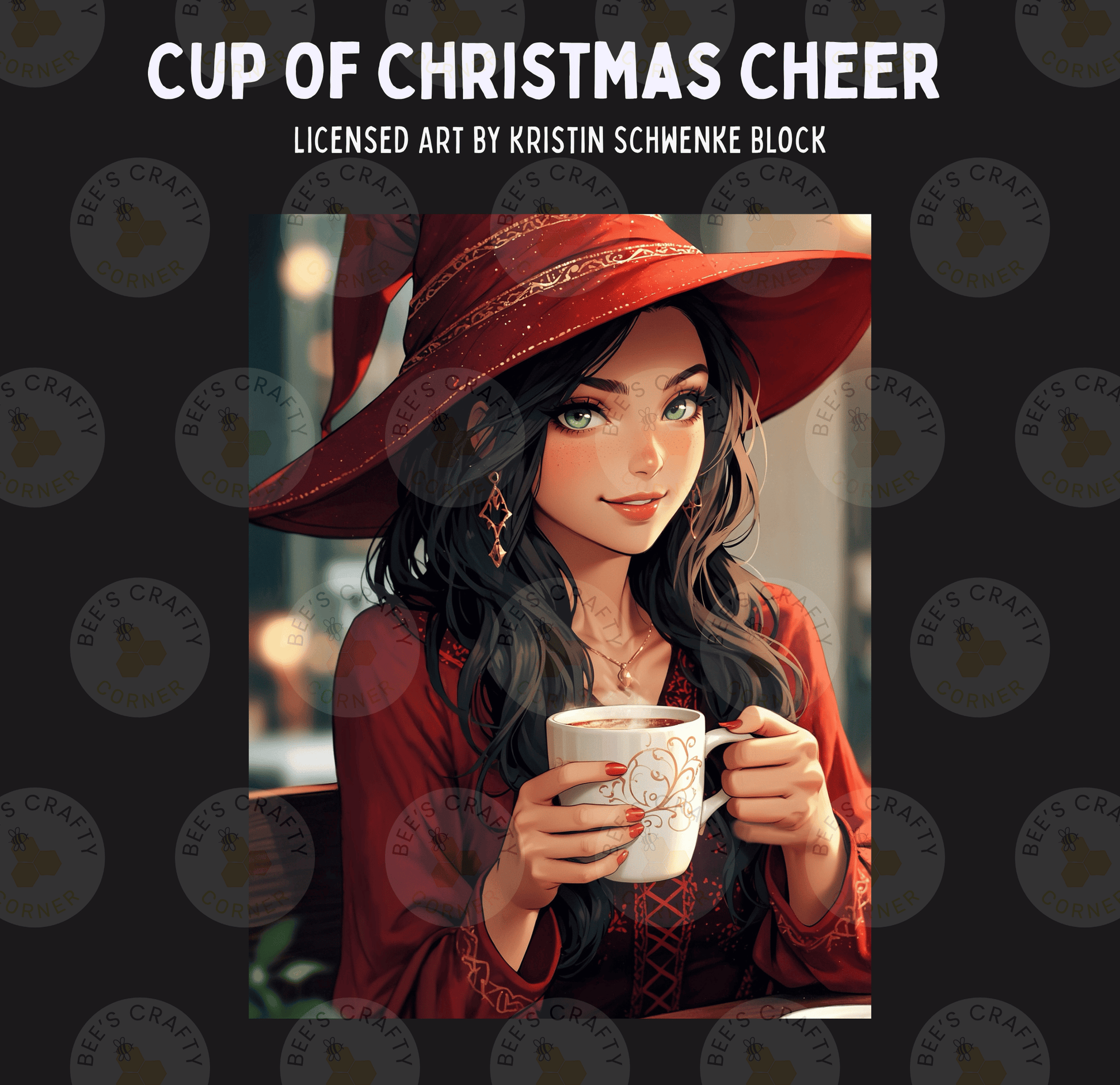 The image is a digital illustration of a woman wearing a red hat and holding a mug, with a festive Christmas cheer theme.