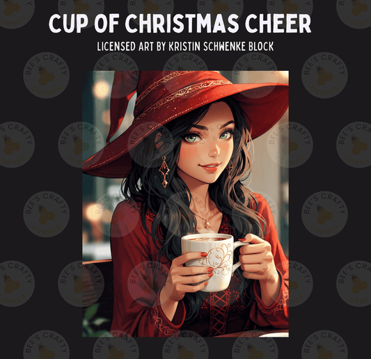 The image is a digital illustration of a woman wearing a red hat and holding a mug, with a festive Christmas cheer theme.
