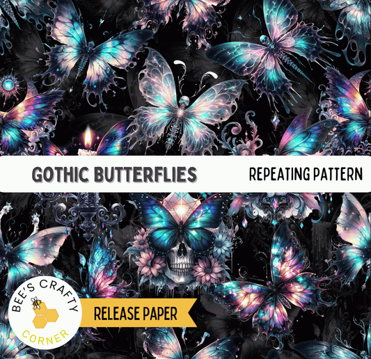 The image is a repeating pattern of colorful, gothic-style butterflies against a dark background.