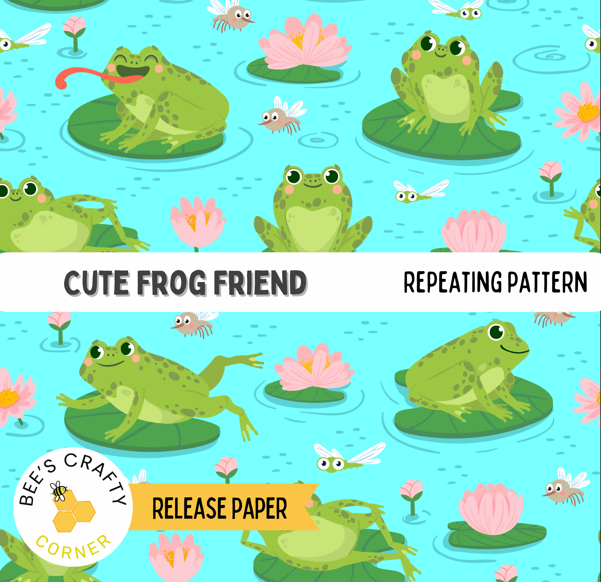 The image is a repeating pattern of green frogs sitting on lily pads and flowers, with some of the frogs having tongues out. The pattern is set against a blue background with pink flowers and insects.