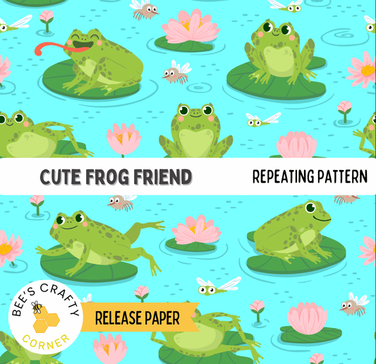 The image is a repeating pattern of green frogs sitting on lily pads and flowers, with some of the frogs having tongues out. The pattern is set against a blue background with pink flowers and insects.