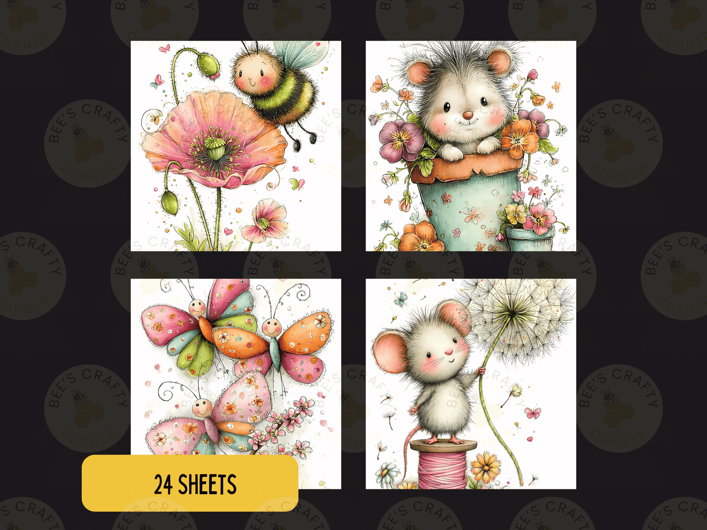 The image is a collage of four square illustrations featuring various cute and whimsical creatures, including a bee, a mouse, a flower, and butterflies.