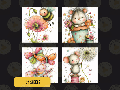 The image is a collage of four square illustrations featuring various cute and whimsical creatures, including a bee, a mouse, a flower, and butterflies.