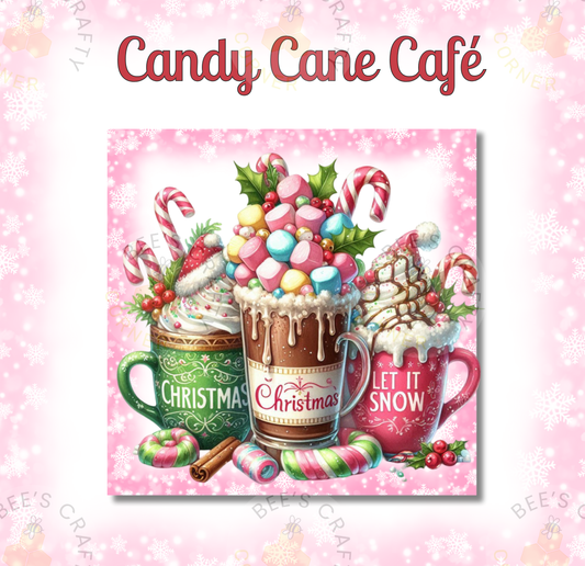 The image is a vibrant and festive illustration of a "Candy Cane Cafe" featuring three large mugs filled with various sweet treats, including hot chocolate, marshmallows, and candy canes. The mugs are decorated with the words "Christmas" and "Let it snow", adding a touch of holiday cheer to the scene. The background is a light pink color with snowflakes scattered throughout, creating a cozy and wintery atmosphere.