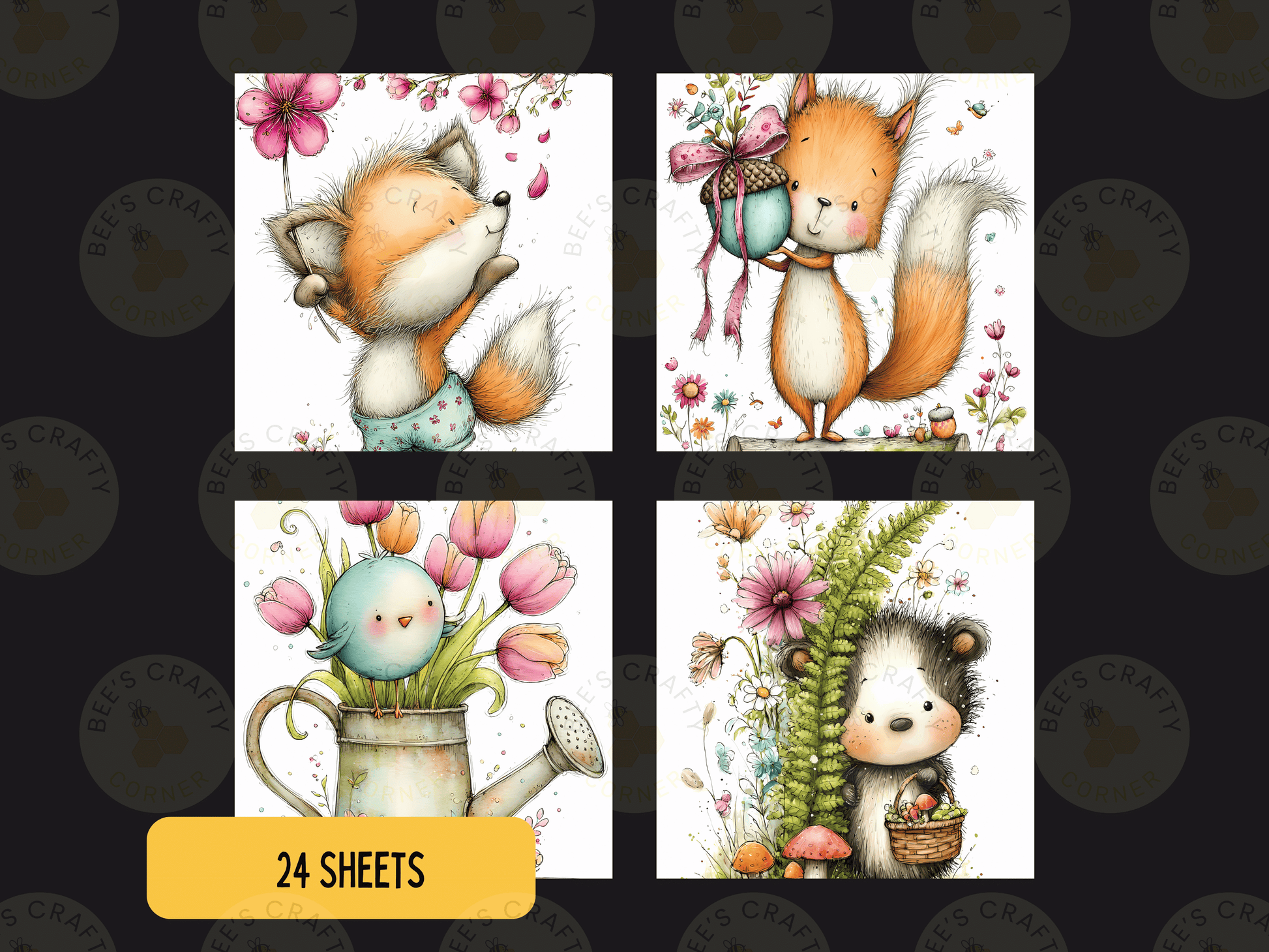 four square illustrations of animals, including a fox, a bird, a squirrel, and a hedgehog, each holding different objects such as flowers, a watering can, and a basket.