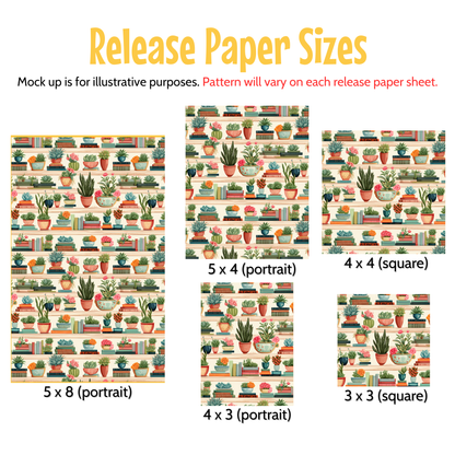 a collection of paper sizes, each featuring a different pattern of potted plants on shelves. The sizes are labeled as portrait and square, with the portrait sizes being 5 x (portrait) and 3 x (square), and the square sizes being 4 x (portrait) and 3 x (square). The pattern on each paper sheet will vary, so the sizes are meant to provide illustrative purposes rather than a comprehensive description of each paper size.