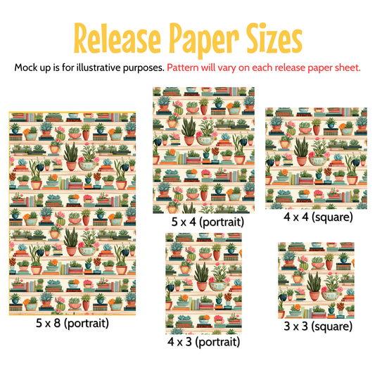a collection of paper sizes, each featuring a different pattern of potted plants on shelves. The sizes are labeled as portrait and square, with the portrait sizes being 5 x (portrait) and 3 x (square), and the square sizes being 4 x (portrait) and 3 x (square). The pattern on each paper sheet will vary, so the sizes are meant to provide illustrative purposes rather than a comprehensive description of each paper size.