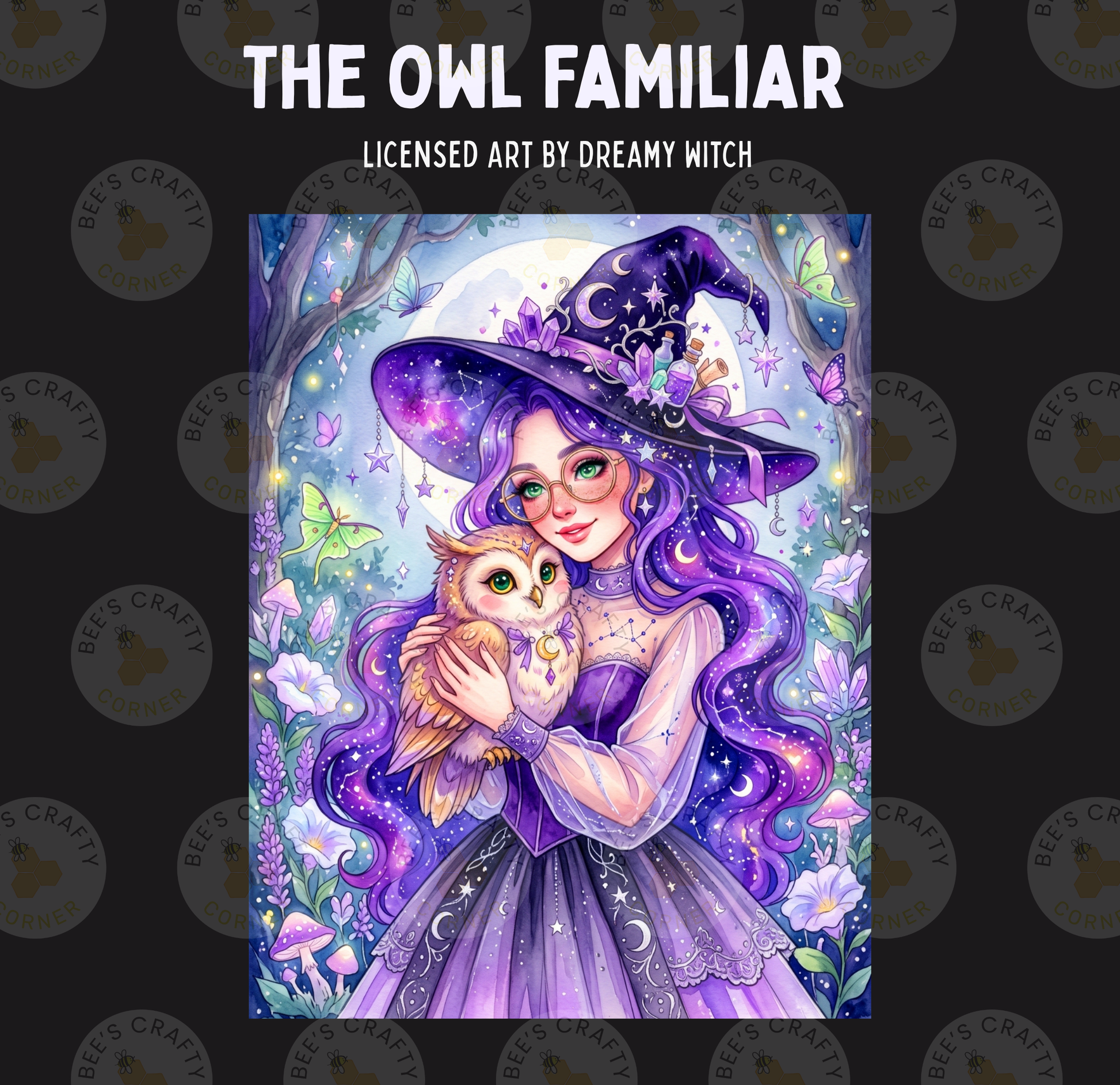 The image is a colorful illustration depicting a woman with long purple hair wearing a purple dress and a purple hat, holding a small owl. The background is filled with various elements such as flowers, mushrooms, and a full moon, creating a whimsical and magical atmosphere.