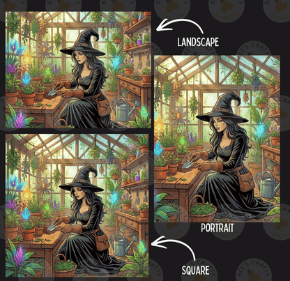 The image is a collage of three images depicting a woman in a witch's hat tending to plants in a greenhouse. The first image shows the woman sitting at a table surrounded by potted plants, the second image shows the woman standing in the greenhouse, and the third image shows the woman sitting on a bench in the greenhouse.