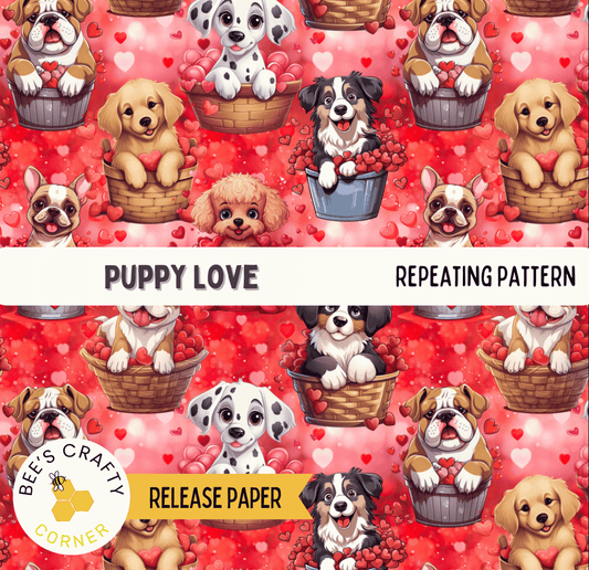 The image is a repeating pattern of various cute and playful dogs sitting in baskets filled with red hearts, all set against a pink background.