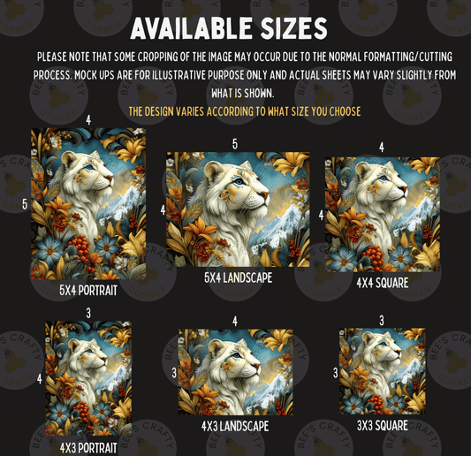 The image is a collage of six different sizes of artistic images, including a portrait, landscape, square, and portrait, all featuring a white tiger surrounded by a colorful, nature-inspired background.