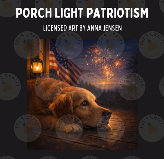 The image is a photograph of a golden retriever dog lying on a wooden porch, with a lit lantern and an American flag in the background, and a fireworks display in the sky.
