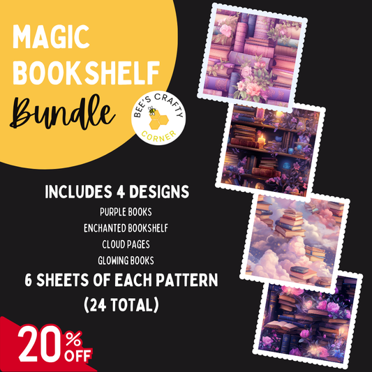 The image is an advertisement for a "Magic Bookshelf Bundle" that includes four designs, such as purple books, an enchanting bookshelf, cloud pages, and glowing books. It also includes six sheets of each pattern, and there is a 20% discount.