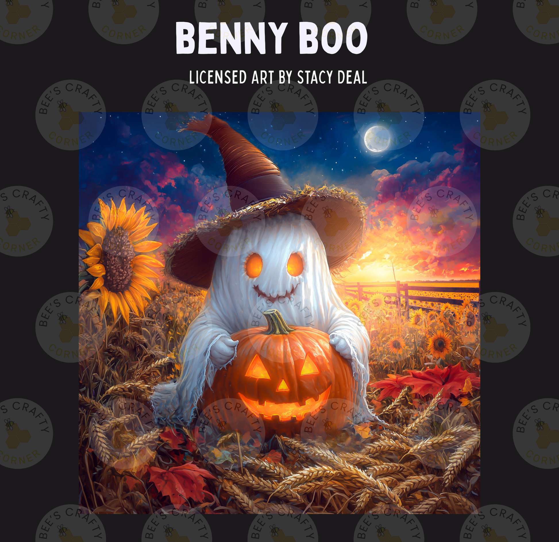 A spooky ghost with a witch's hat sits in a field of sunflowers, holding a carved jack-o-lantern.