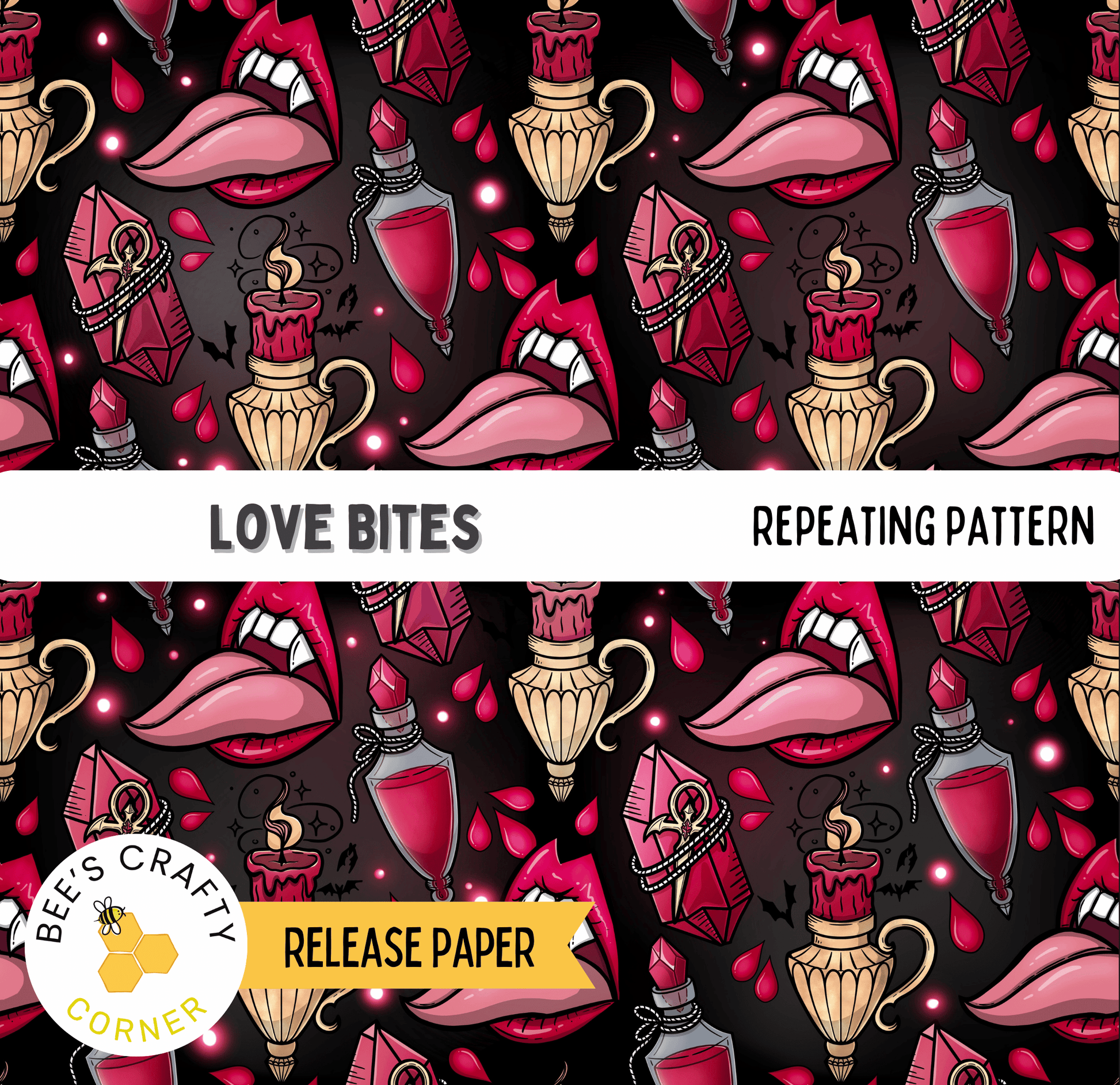 The image is a repeating pattern of various objects, including bottles, vases, and other decorative elements, all in shades of pink and red. The pattern is designed to resemble a love bite, with the objects appearing to be biting or nibbling on each other. The overall design is bold and eye-catching, with the use of these colors and the arrangement of the objects creating a visually striking pattern.