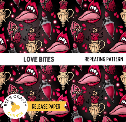 The image is a repeating pattern of various objects, including bottles, vases, and other decorative elements, all in shades of pink and red. The pattern is designed to resemble a love bite, with the objects appearing to be biting or nibbling on each other. The overall design is bold and eye-catching, with the use of these colors and the arrangement of the objects creating a visually striking pattern.