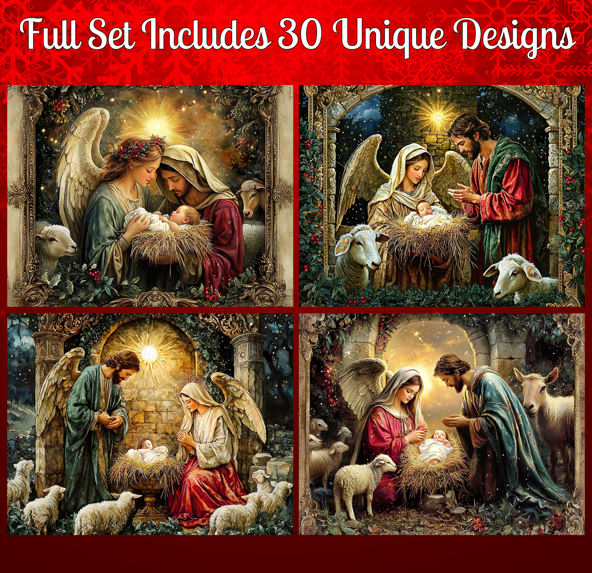 The image is a collage of four distinct scenes from the nativity story, featuring the birth of Jesus Christ surrounded by various elements associated with the story.