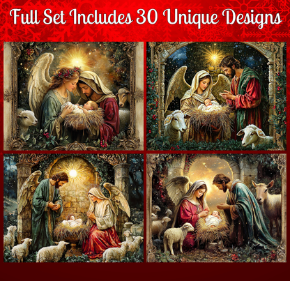 The image is a collage of four distinct scenes from the nativity story, featuring the birth of Jesus Christ surrounded by various elements associated with the story.