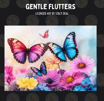 The image is a vibrant and colorful collage featuring a variety of butterflies and flowers, including pink, blue, and yellow hues.