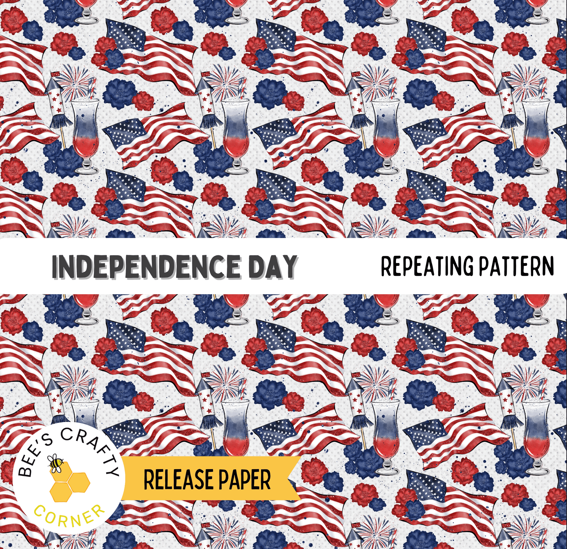 The image is a repeating pattern of American flags, fireworks, and cocktails, with the text "Independence Day" and "REPEATING PATTERN" displayed.