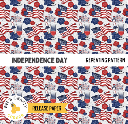 The image is a repeating pattern of American flags, fireworks, and cocktails, with the text "Independence Day" and "REPEATING PATTERN" displayed.