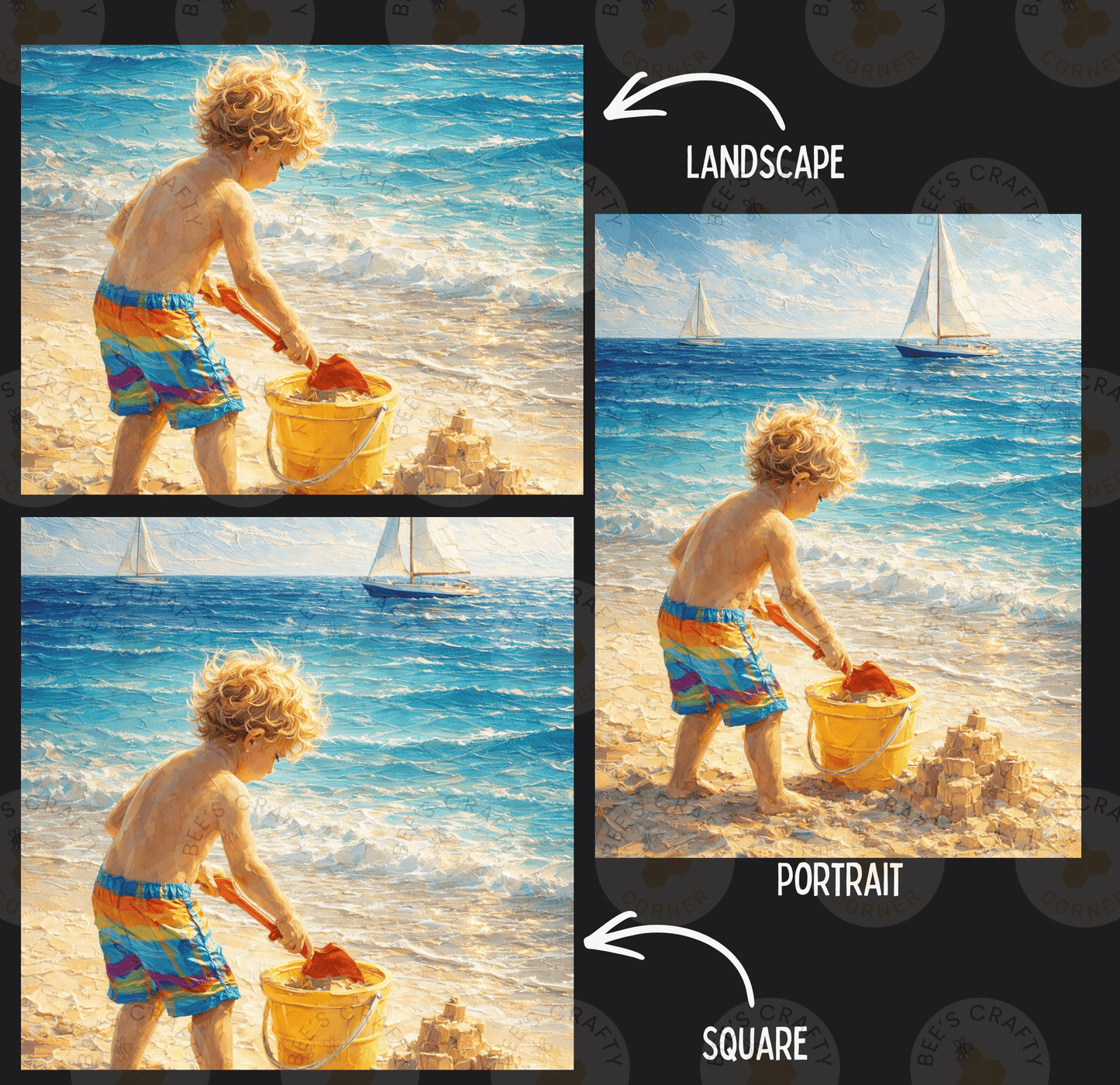 The image is a collage of three pictures depicting a young boy playing in the sand on a beach. The first picture shows the boy holding a bucket and shovel, the second picture shows the boy building sandcastles, and the third picture shows the boy playing in the sand.