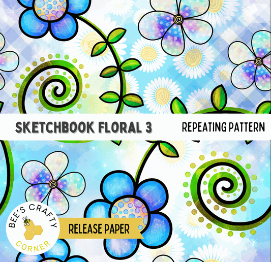 The image is a repeating pattern of colorful flowers and leaves, with a focus on the vibrant blue and green hues.