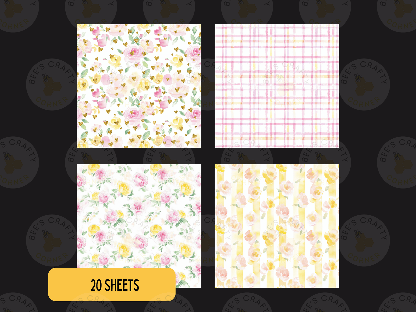 four different floral patterns, each with a unique design and color scheme. The patterns include a white background with pink and yellow flowers, a white background with pink and yellow stripes, a white background with pink and yellow flowers, and a white background with pink and yellow flowers.