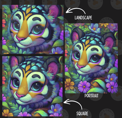 The image is a collage of three images depicting a tiger's face surrounded by colorful flowers and foliage. The first image shows the tiger's face in a landscape setting, the second image shows the tiger's face in a portrait setting, and the third image shows the tiger's face in a square setting.