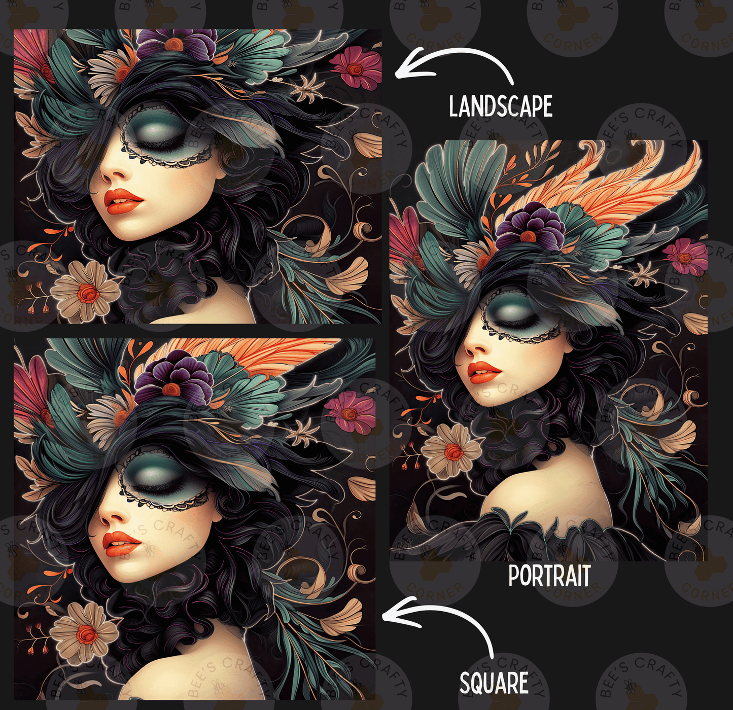 The image is a collage of three images depicting a woman's face with elaborate makeup and floral headpiece. The first image is a landscape, the second is a portrait, and the third is a square.
