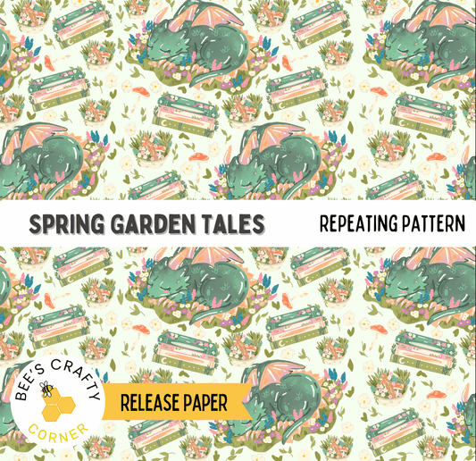 The image is a repeating pattern of green dragon illustrations on a light green background, with various floral and natural elements scattered throughout.