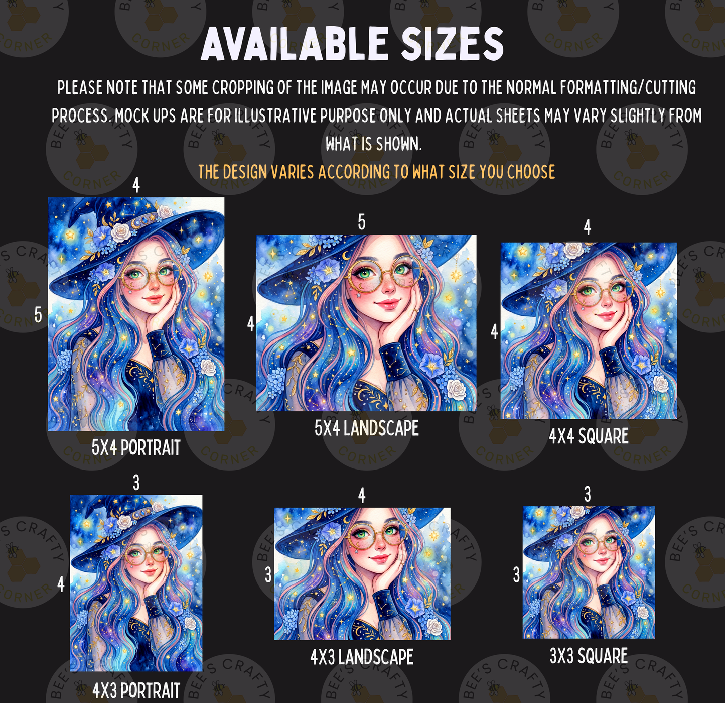 six different sizes of illustrations featuring a woman with blue hair and a blue hat, along with various landscape and portrait styles.