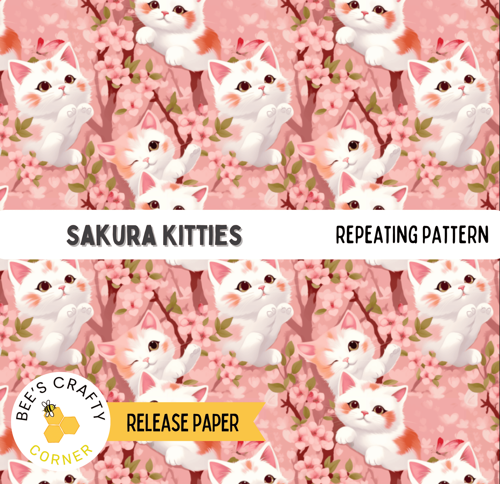 The image is a repeating pattern of white and orange cats sitting on branches with pink flowers.