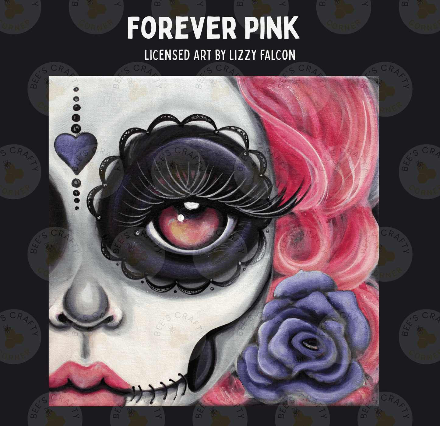 The image is a colorful and intricate painting depicting a skull face with a large eye, black eyelashes, and a rose.