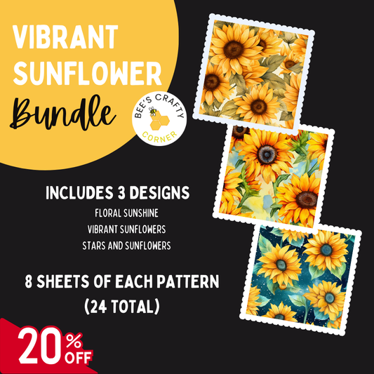 The image is an advertisement for a bundle of vibrant sunflower designs. It includes three designs, each with 8 sheets of the pattern. The bundle is offered at a 20% discount.
