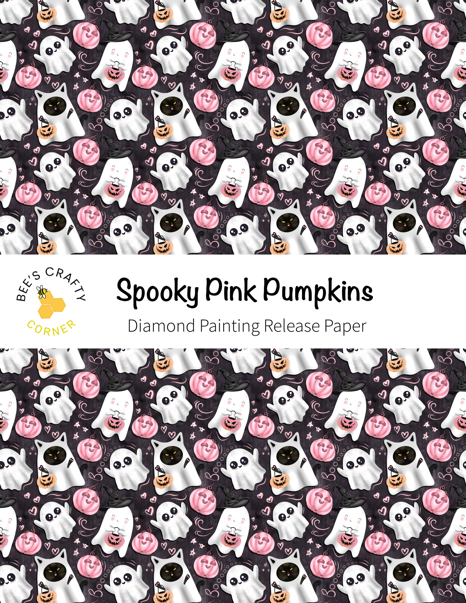 The image is a repeating pattern of spooky pink pumpkins and ghost-like figures against a dark background.