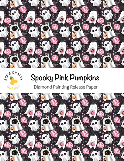 The image is a repeating pattern of spooky pink pumpkins and ghost-like figures against a dark background.