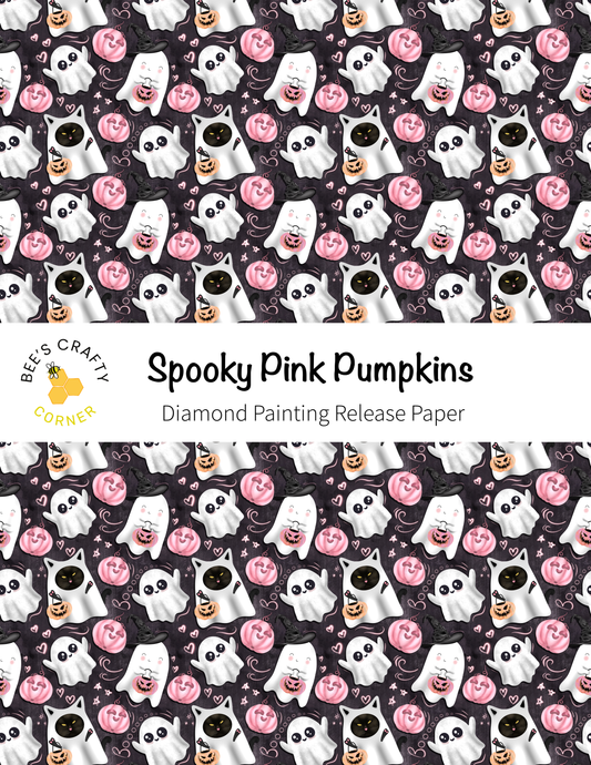 The image is a repeating pattern of spooky pink pumpkins and ghost-like figures against a dark background.