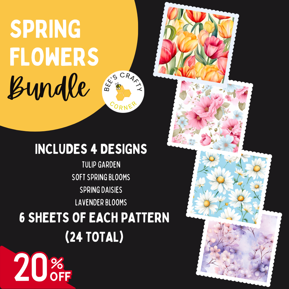 The image is an advertisement for a "Spring Flowers Bundle" that includes four different designs, with a total of 24 patterns. The bundle offers a 20% discount on the purchase.
