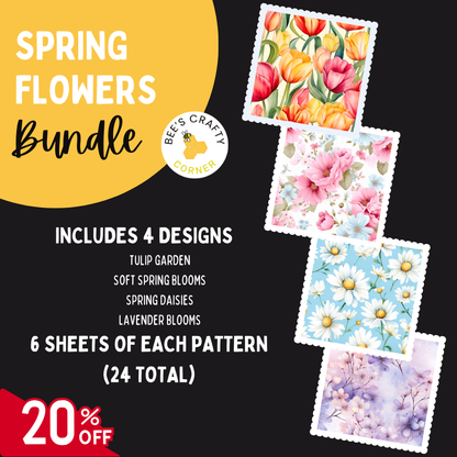 The image is an advertisement for a "Spring Flowers Bundle" that includes four different designs, with a total of 24 patterns. The bundle offers a 20% discount on the purchase.