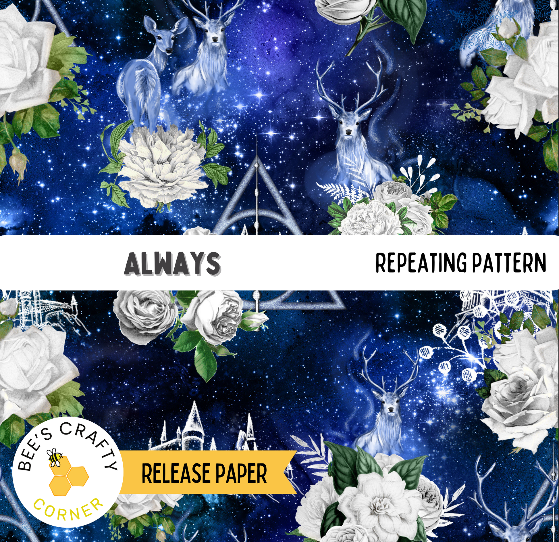 The image is a repeating pattern featuring various floral and celestial elements, including roses, deer, and stars, against a dark blue background.