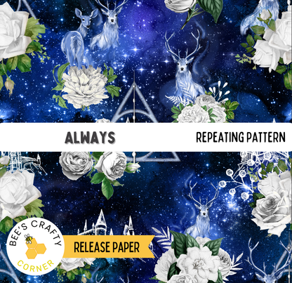 The image is a repeating pattern featuring various floral and celestial elements, including roses, deer, and stars, against a dark blue background.