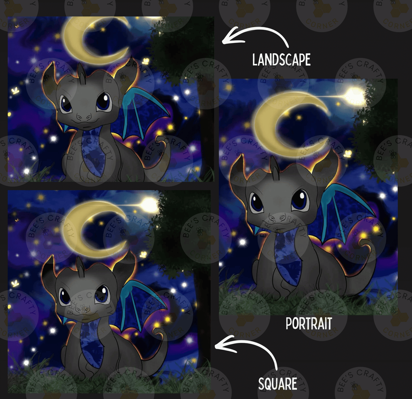 The image is a collage of three pictures depicting a dragon-like creature against a night sky background. The first image shows the dragon-like creature in a landscape setting, the second image depicts the dragon-like creature in a portrait style, and the third image shows the dragon-like creature in a square style.