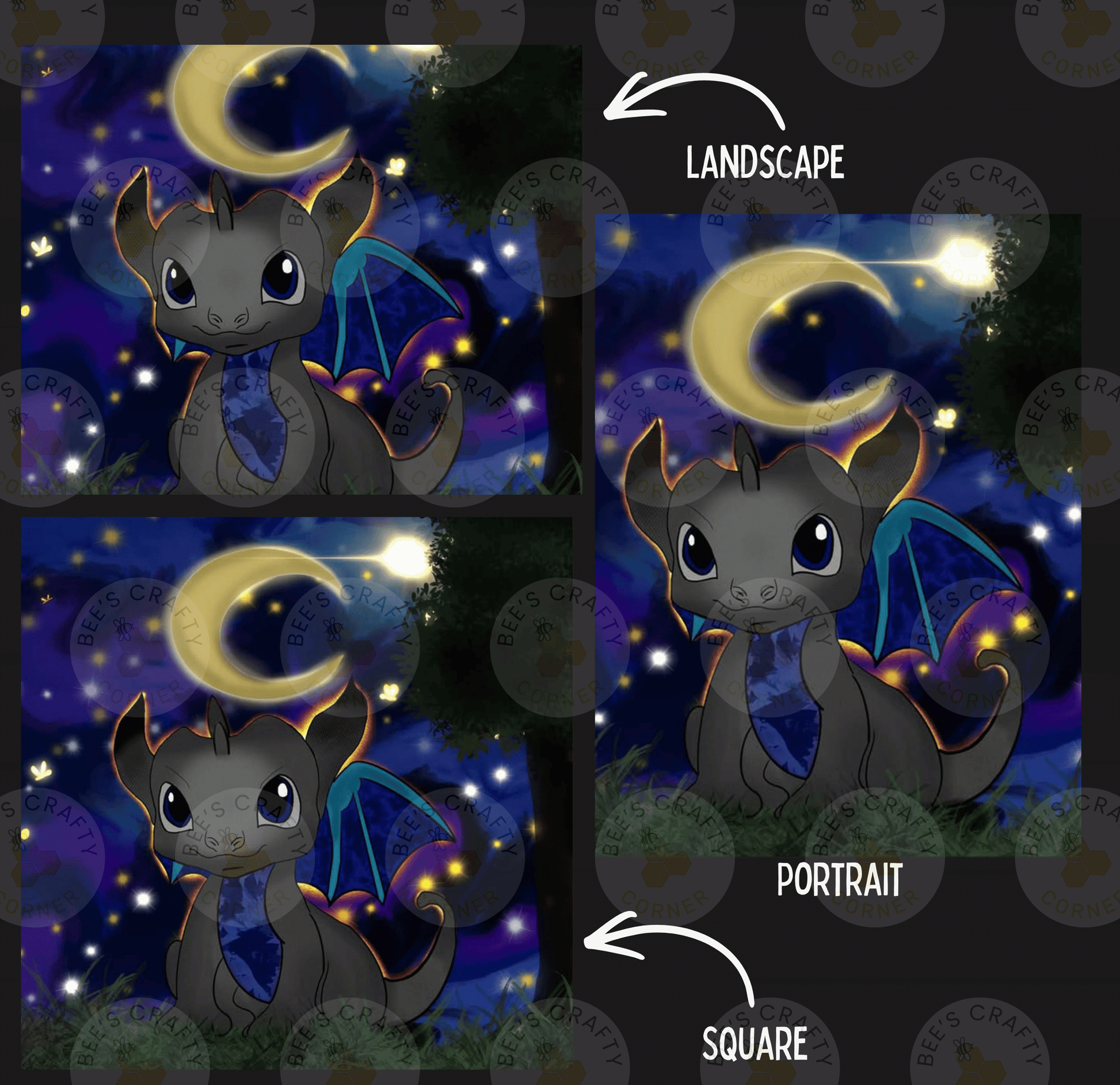 The image is a collage of three pictures depicting a dragon-like creature against a night sky background. The first image shows the dragon-like creature in a landscape setting, the second image depicts the dragon-like creature in a portrait style, and the third image shows the dragon-like creature in a square style.