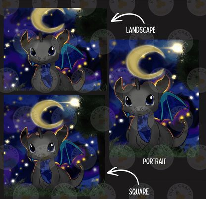 The image is a collage of three pictures depicting a dragon-like creature against a night sky background. The first image shows the dragon-like creature in a landscape setting, the second image depicts the dragon-like creature in a portrait style, and the third image shows the dragon-like creature in a square style.