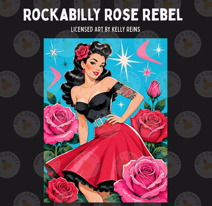 The image is a vibrant illustration featuring a woman with a red skirt and a black top, surrounded by pink roses and a starry blue background.
